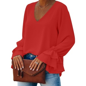 image:imageLYANER Womens Casual V Neck Tiered Ruffle Bell Long Sleeve Blouse Shirt Tunic TopRed