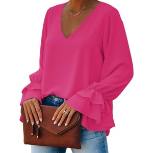 image:imageLYANER Womens Casual V Neck Tiered Ruffle Bell Long Sleeve Blouse Shirt Tunic TopRose
