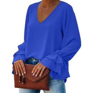 image:imageLYANER Womens Casual V Neck Tiered Ruffle Bell Long Sleeve Blouse Shirt Tunic TopRoyal Blue