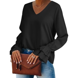 image:imageLYANER Womens Casual V Neck Tiered Ruffle Bell Long Sleeve Blouse Shirt Tunic TopSolid Black