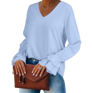 image:imageLYANER Womens Casual V Neck Tiered Ruffle Bell Long Sleeve Blouse Shirt Tunic TopSolid Light Blue