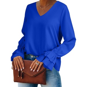 image:imageLYANER Womens Casual V Neck Tiered Ruffle Bell Long Sleeve Blouse Shirt Tunic TopSolid Royal Blue