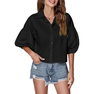 image:imageLYANER Womens Collar V Neck Button Down Lantern Short Sleeve Blouse Crop Top ShirtBlack