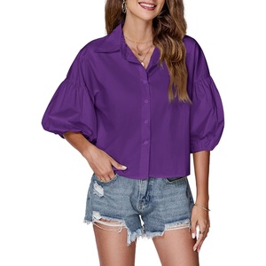 image:imageLYANER Womens Collar V Neck Button Down Lantern Short Sleeve Blouse Crop Top ShirtPurple