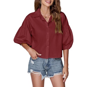 image:imageLYANER Womens Collar V Neck Button Down Lantern Short Sleeve Blouse Crop Top ShirtSolid Wine Red