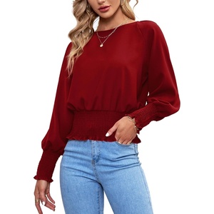 image:imageLYANER Womens Crewnec Frill Long Sleeve Shirred Pleated Hem Pullover Blouse Casual Shirt TopRed