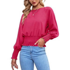 image:imageLYANER Womens Crewnec Frill Long Sleeve Shirred Pleated Hem Pullover Blouse Casual Shirt TopRose