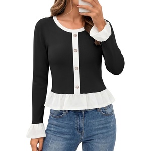 image:imageLYANER Womens Cute Color Block Long Sleeve Ruffle Hem Ribbed Shirt Elegant Business Casual Work TopsBlack