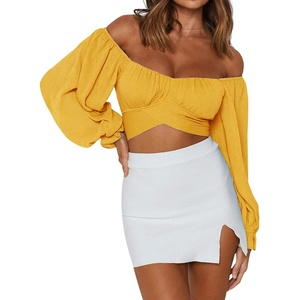 image:imageLYANER Womens Cute Off Shoulder Long Sleeve Self Tie Knot Crop Tube Top BlouseGinger