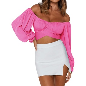 image:imageLYANER Womens Cute Off Shoulder Long Sleeve Self Tie Knot Crop Tube Top BlouseHot Pink