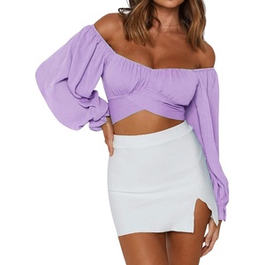 image:imageLYANER Womens Cute Off Shoulder Long Sleeve Self Tie Knot Crop Tube Top BlouseLavender