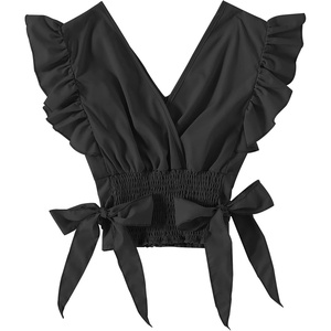 image:imageLYANER Womens Cute V Neck Ruffle Cap Sleeve Side Bow Shirred Hem Summer Crop Tank Tops Peplum Blouse02 Black