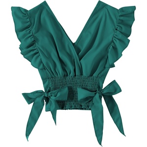 image:imageLYANER Womens Cute V Neck Ruffle Cap Sleeve Side Bow Shirred Hem Summer Crop Tank Tops Peplum Blouse02 Teal