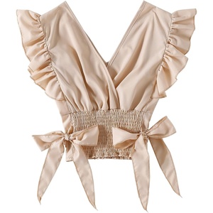 image:imageLYANER Womens Cute V Neck Ruffle Cap Sleeve Side Bow Shirred Hem Summer Crop Tank Tops Peplum BlouseBeige