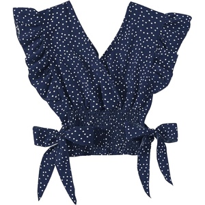 image:imageLYANER Womens Cute V Neck Ruffle Cap Sleeve Side Bow Shirred Hem Summer Crop Tank Tops Peplum BlouseNavy