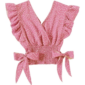 image:imageLYANER Womens Cute V Neck Ruffle Cap Sleeve Side Bow Shirred Hem Summer Crop Tank Tops Peplum BlousePink