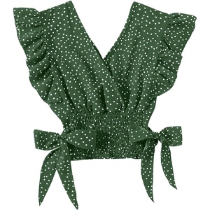 image:imageLYANER Womens Cute V Neck Ruffle Cap Sleeve Side Bow Shirred Hem Summer Crop Tank Tops Peplum BlousePolka Dots Dark Green