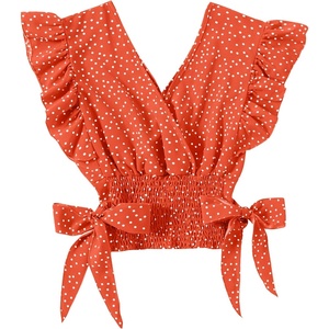 image:imageLYANER Womens Cute V Neck Ruffle Cap Sleeve Side Bow Shirred Hem Summer Crop Tank Tops Peplum BlousePolka Dots Orange Red