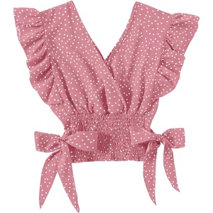 image:imageLYANER Womens Cute V Neck Ruffle Cap Sleeve Side Bow Shirred Hem Summer Crop Tank Tops Peplum BlousePolka Dots Pink