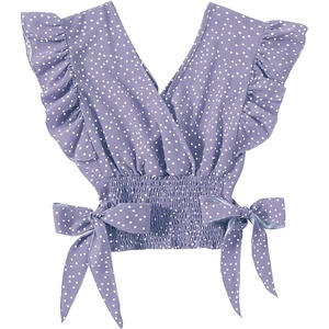 image:imageLYANER Womens Cute V Neck Ruffle Cap Sleeve Side Bow Shirred Hem Summer Crop Tank Tops Peplum BlousePurple