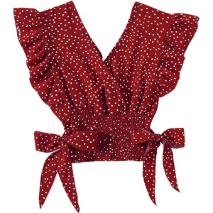 image:imageLYANER Womens Cute V Neck Ruffle Cap Sleeve Side Bow Shirred Hem Summer Crop Tank Tops Peplum BlouseRed