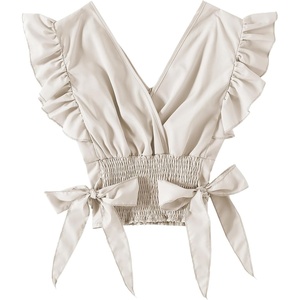 image:imageLYANER Womens Cute V Neck Ruffle Cap Sleeve Side Bow Shirred Hem Summer Crop Tank Tops Peplum BlouseSolid Beige