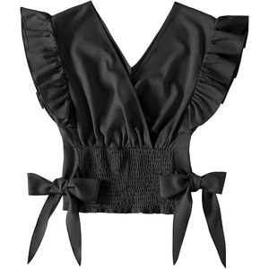 image:imageLYANER Womens Cute V Neck Ruffle Cap Sleeve Side Bow Shirred Hem Summer Crop Tank Tops Peplum BlouseSolid Black