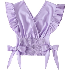 image:imageLYANER Womens Cute V Neck Ruffle Cap Sleeve Side Bow Shirred Hem Summer Crop Tank Tops Peplum BlouseSolid Lilac