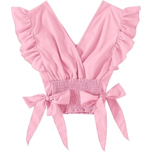 image:imageLYANER Womens Cute V Neck Ruffle Cap Sleeve Side Bow Shirred Hem Summer Crop Tank Tops Peplum BlouseSolid Pink
