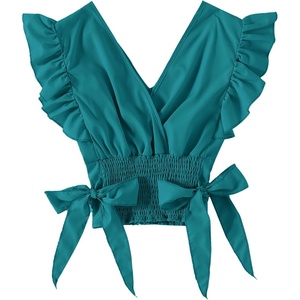image:imageLYANER Womens Cute V Neck Ruffle Cap Sleeve Side Bow Shirred Hem Summer Crop Tank Tops Peplum BlouseSolid Teal