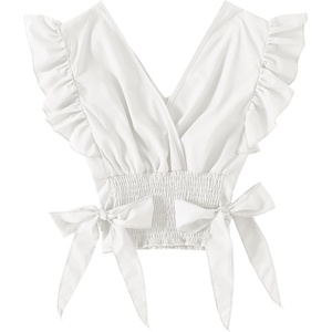 image:imageLYANER Womens Cute V Neck Ruffle Cap Sleeve Side Bow Shirred Hem Summer Crop Tank Tops Peplum BlouseSolid White