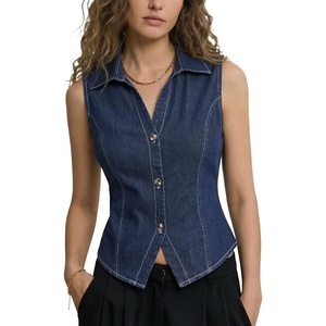 image:imageLYANER Womens Denim Vest Sleeveless Collared V Neck Button Down Casual Summer Jean Tank Shirt TopBlue
