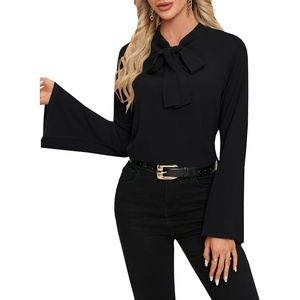 image:imageLYANER Womens Elegant Bow Tie Mock Neck Bell Long Sleeve Blouse Shirts TopBlack