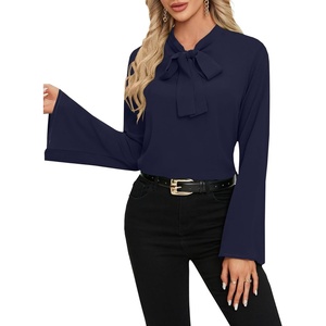 image:imageLYANER Womens Elegant Bow Tie Mock Neck Bell Long Sleeve Blouse Shirts TopNavy Blue