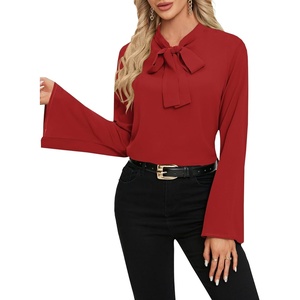 image:imageLYANER Womens Elegant Bow Tie Mock Neck Bell Long Sleeve Blouse Shirts TopRed