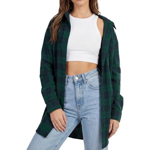 image:imageLYANER Womens Flannel Plaid Shirts Oversized Button Down Long Sleeve Shirts Womens Blouse Clothes TopsDark Green