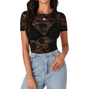 image:imageLYANER Womens Lace Top Cute Short Sleeve Fitted Mesh Sheer T Shirt Going Out Tee TopsBlack
