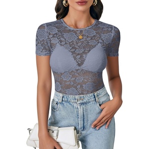 image:imageLYANER Womens Lace Top Cute Short Sleeve Fitted Mesh Sheer T Shirt Going Out Tee TopsDusty Blue