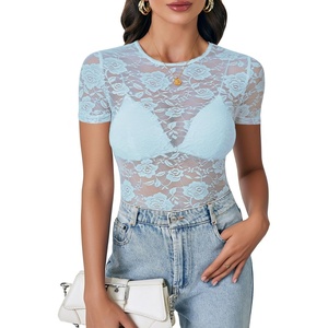 image:imageLYANER Womens Lace Top Cute Short Sleeve Fitted Mesh Sheer T Shirt Going Out Tee TopsLight Blue