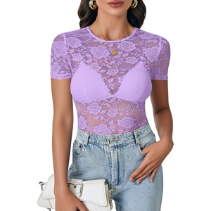 image:imageLYANER Womens Lace Top Cute Short Sleeve Fitted Mesh Sheer T Shirt Going Out Tee TopsLight Purple