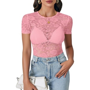 image:imageLYANER Womens Lace Top Cute Short Sleeve Fitted Mesh Sheer T Shirt Going Out Tee TopsPink