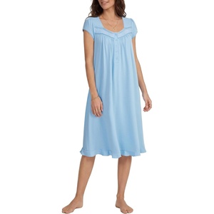 image:imageLYANER Womens Lace Trim Button Sweetheart Neck Short Sleeve Ruched Casual Midi NightdressBlue