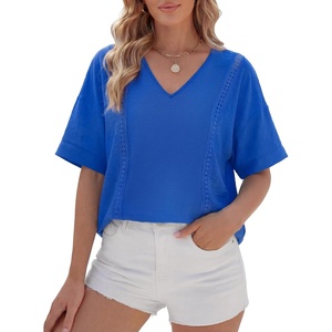 image:imageLYANER Womens Lace Trim V Neck Short Sleeve Dressy Casual Blouse TopsRoyal Blue