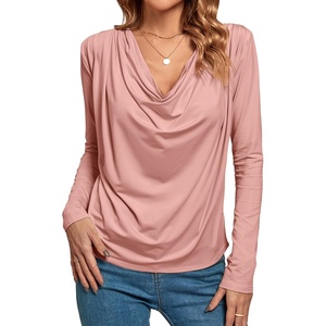 image:imageLYANER Womens Loose Cowl Neck Ruched Stretch Long Sleeve Blouse Shirt TopPink