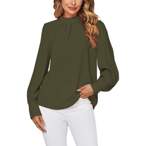 image:imageLYANER Womens Mock Neck Pleated Solid Long Sleeve Blouse Office Shirt TopArmy Green