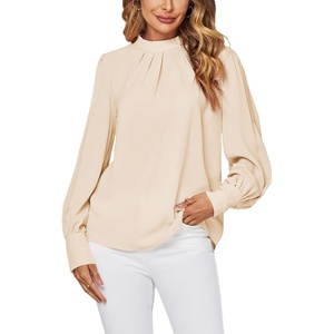 image:imageLYANER Womens Mock Neck Pleated Solid Long Sleeve Blouse Office Shirt TopBeige