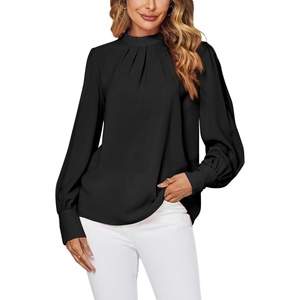 image:imageLYANER Womens Mock Neck Pleated Solid Long Sleeve Blouse Office Shirt TopBlack