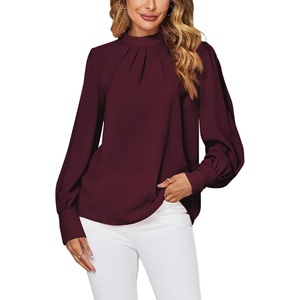 image:imageLYANER Womens Mock Neck Pleated Solid Long Sleeve Blouse Office Shirt TopBurgundy