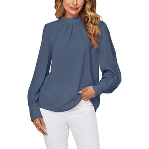 image:imageLYANER Womens Mock Neck Pleated Solid Long Sleeve Blouse Office Shirt TopDusty Blue