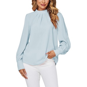 image:imageLYANER Womens Mock Neck Pleated Solid Long Sleeve Blouse Office Shirt TopLight Blue